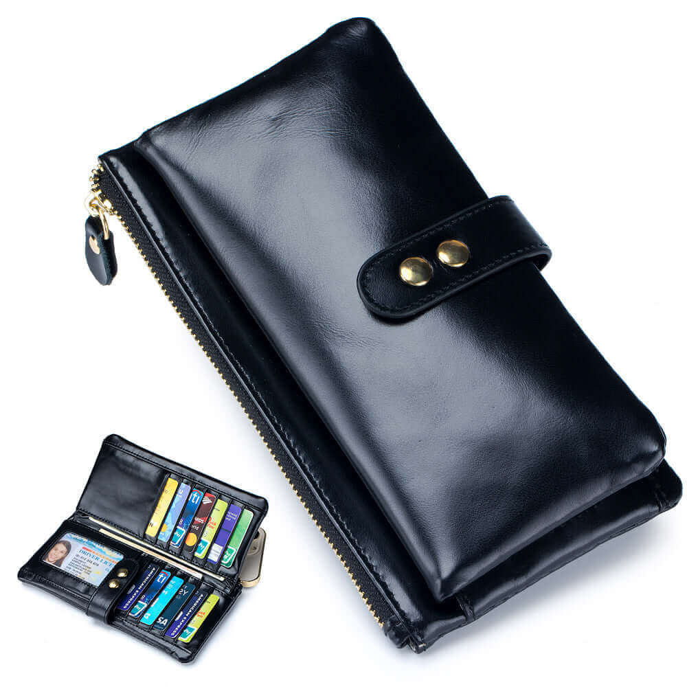 Black vintage oil wax leather wallet with card slots and zipper.