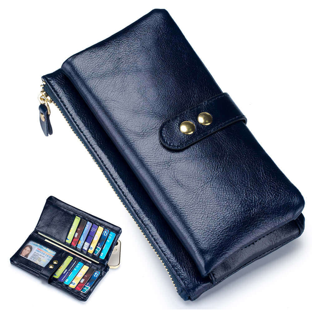 Blue soft leather long wallet for women with multiple compartments.