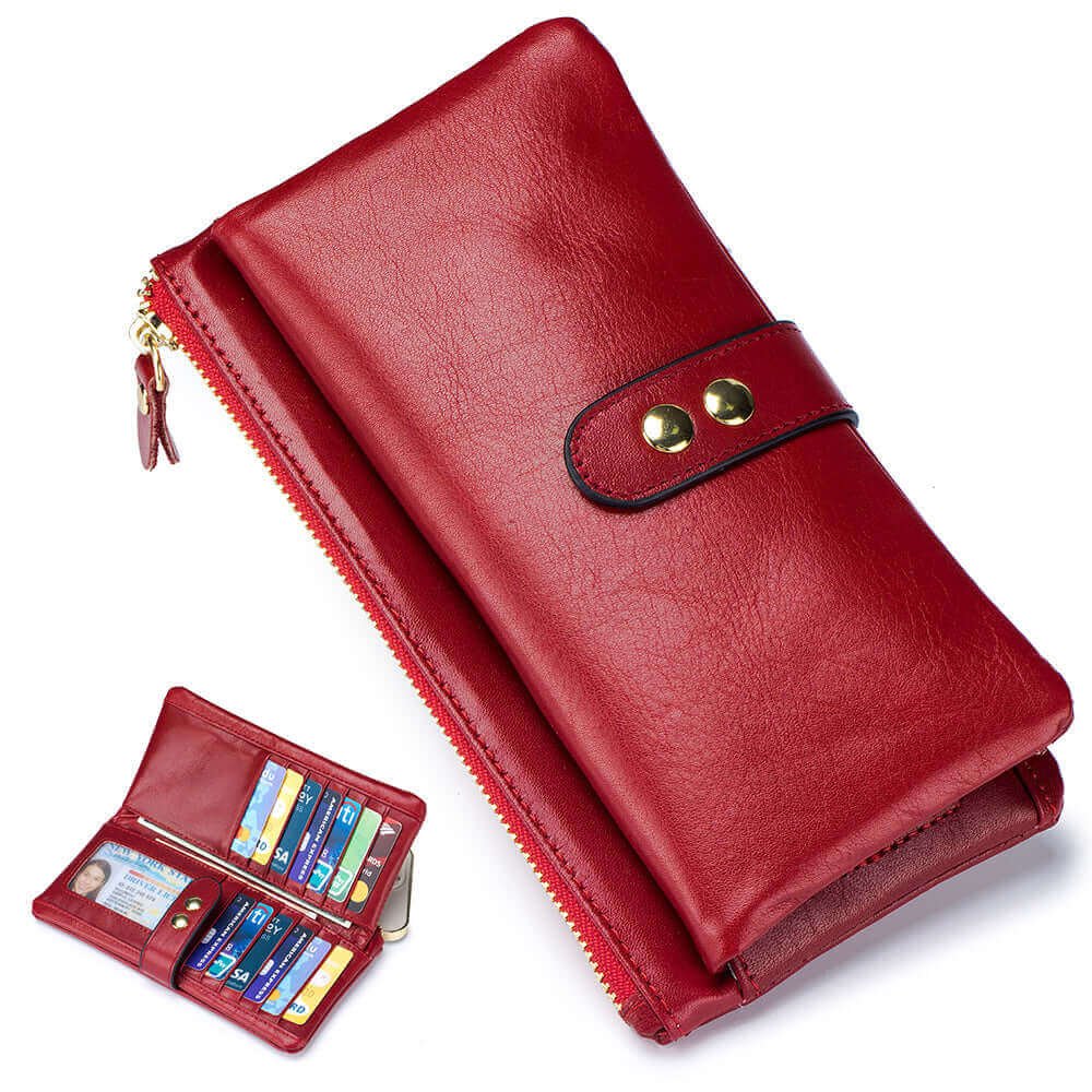 Red women’s oil wax leather long wallet with retro design.