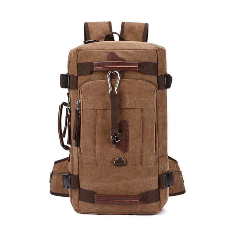 Outdoor travel canvas backpack for men with durable washed canvas and leather accents.