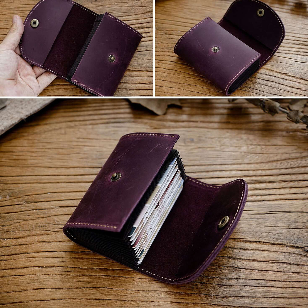 Purple small size card holder wallet in leather