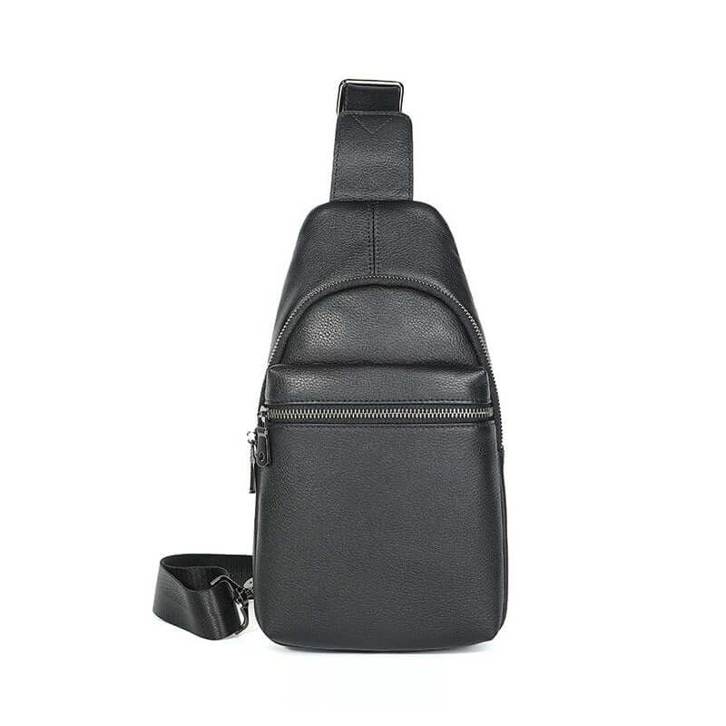 Front view of the men's premium black leather sling bag, ideal for everyday use.