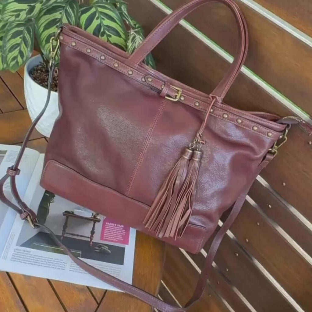 Vintage Leather Shoulder Bag with Studs & Tassels