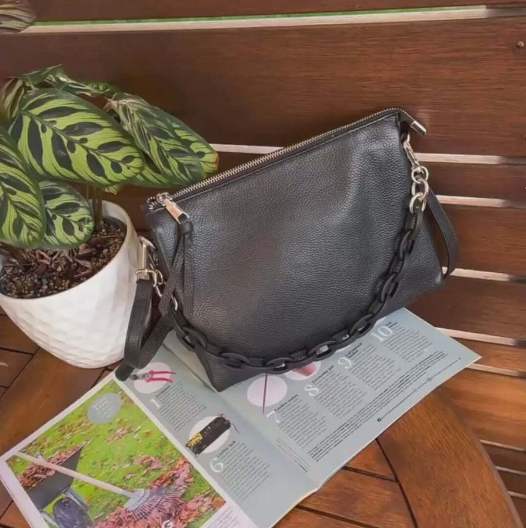 Women's Leather Crossbody Bag with Chain Strap