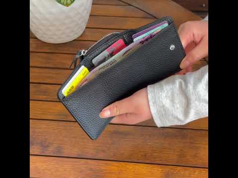 Black RFID leather wallet with multiple card slots and cash storage.