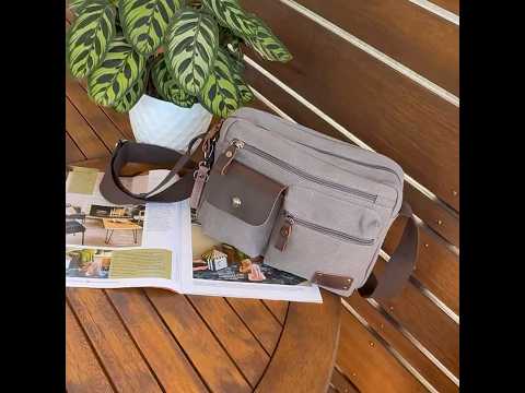 Grey multi-pocket canvas messenger bag for men and women