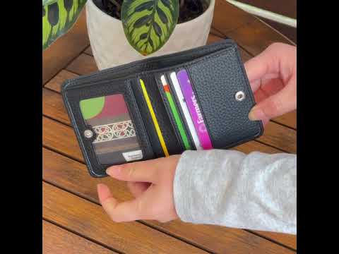 Black RFID leather slim wallet for women, offering 5 card slots, 1 money slot, and photo slot.