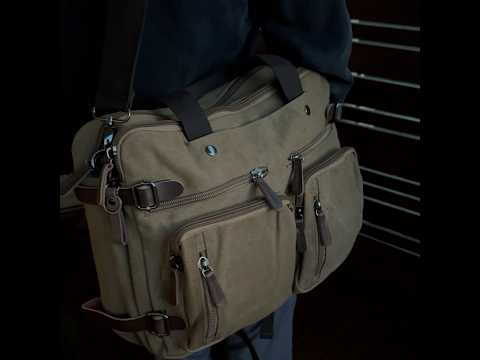 Men's coffee canvas laptop bag with multiple pockets.