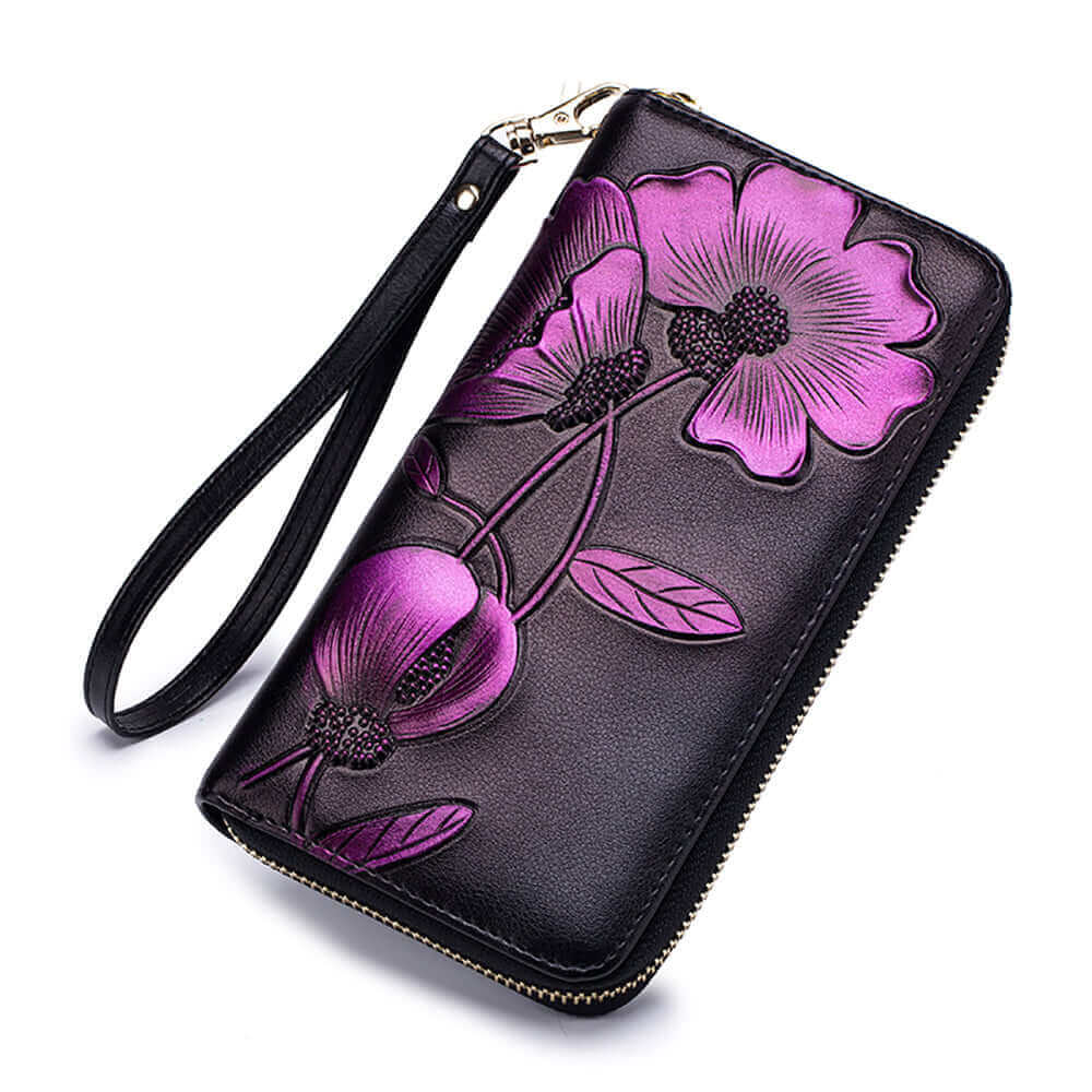 Purple floral leather wallet with multiple compartments for cards and bills.