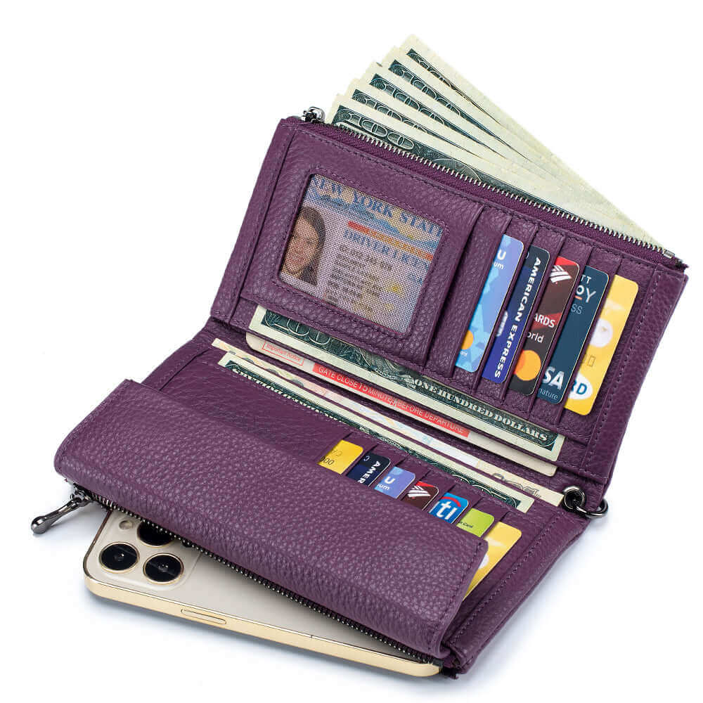 Purple leather envelope long wallet with a detachable wrist strap.