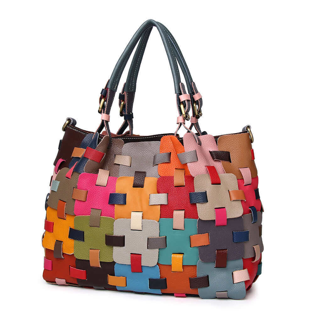 Unique leather handbag with randomly distributed colorful leather pieces.