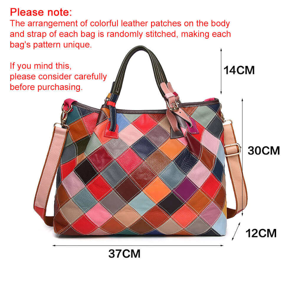 Unique leather handbag with randomly distributed colorful patchwork and floral details.