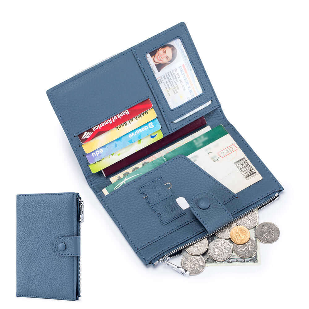 Blue RFID-protected travel wallet with snap button for secure closure.