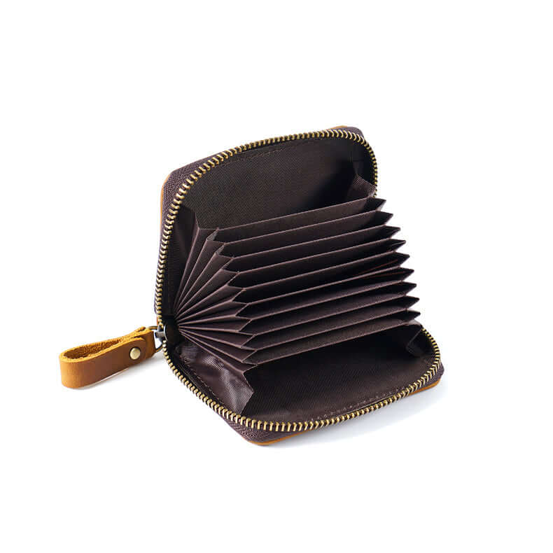 RFID leather card holder open with cash and cards