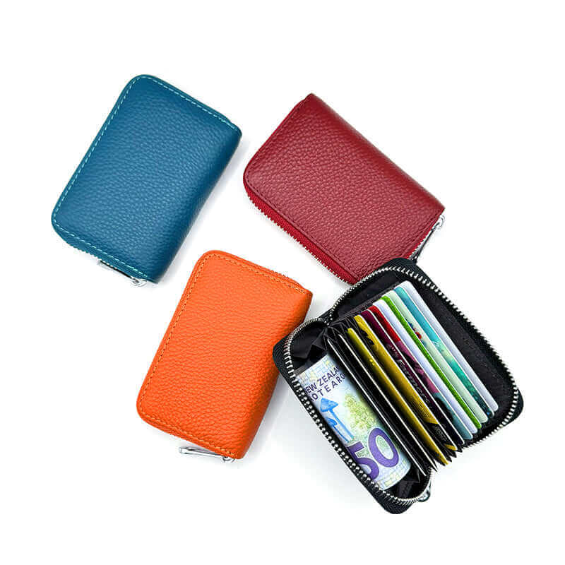 RFID leather wallet for cards available in multiple colors, with 12 card slots and secure zipper.