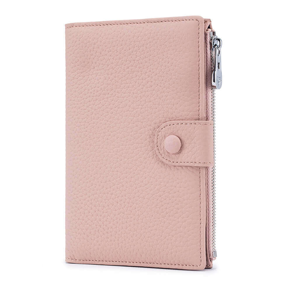 Pink RFID-protected leather passport case with a secure zipper pocket.