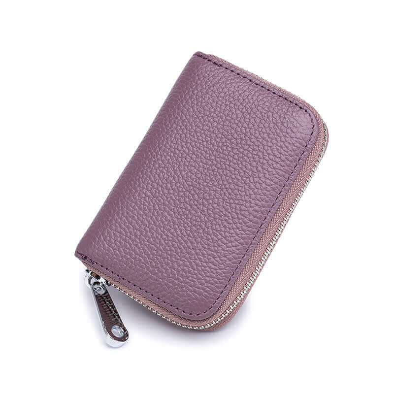 Purple RFID secure leather card wallet with a minimalist design and compact size.