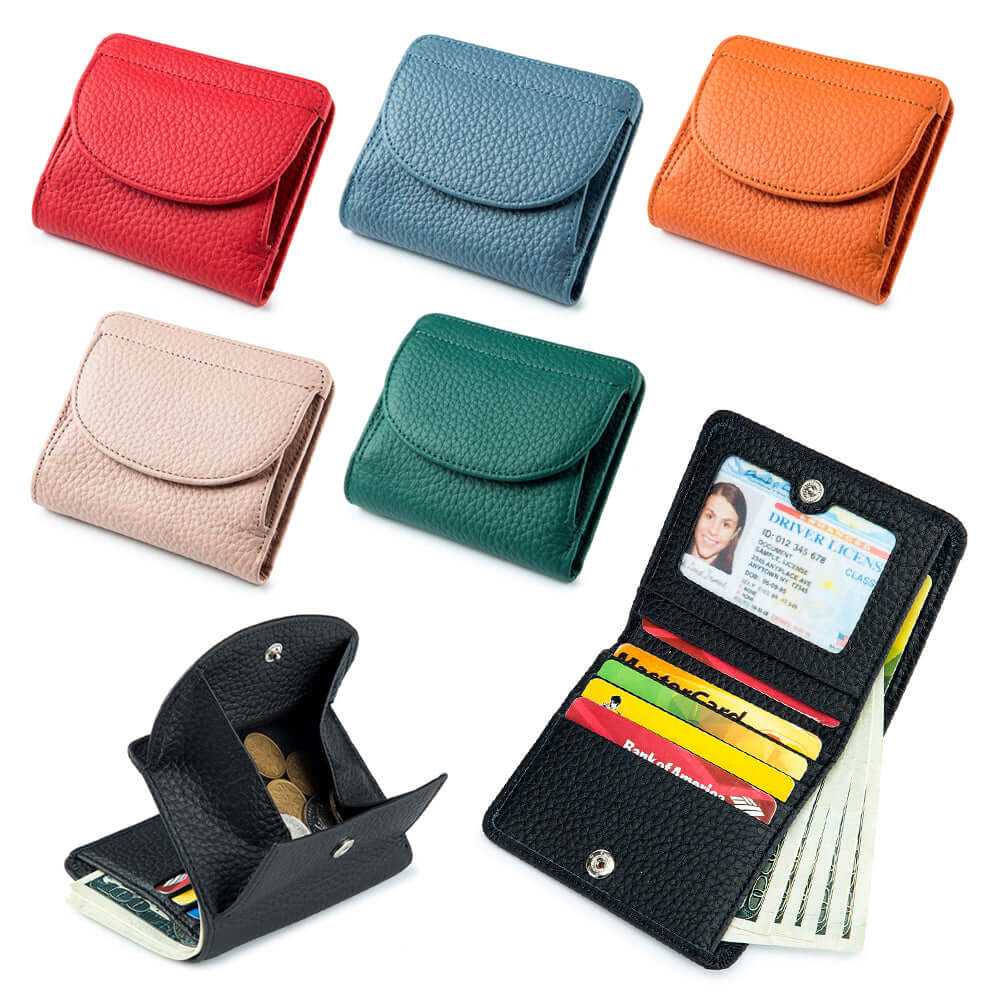 RFID leather slim wallet for women, offering 5 card slots, 1 money slot, and photo slot.