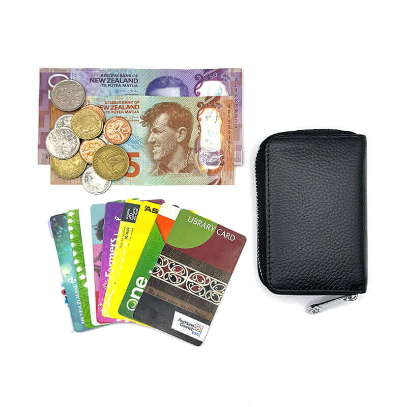 Secure RFID leather card wallet in black, with 12 card positions and a compact design for convenience.