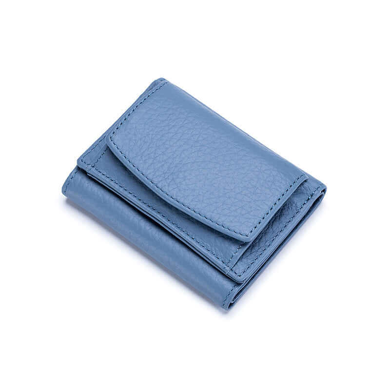 Secure RFID leather wallet for women in blue, perfect for organizing cash, cards, and coins.