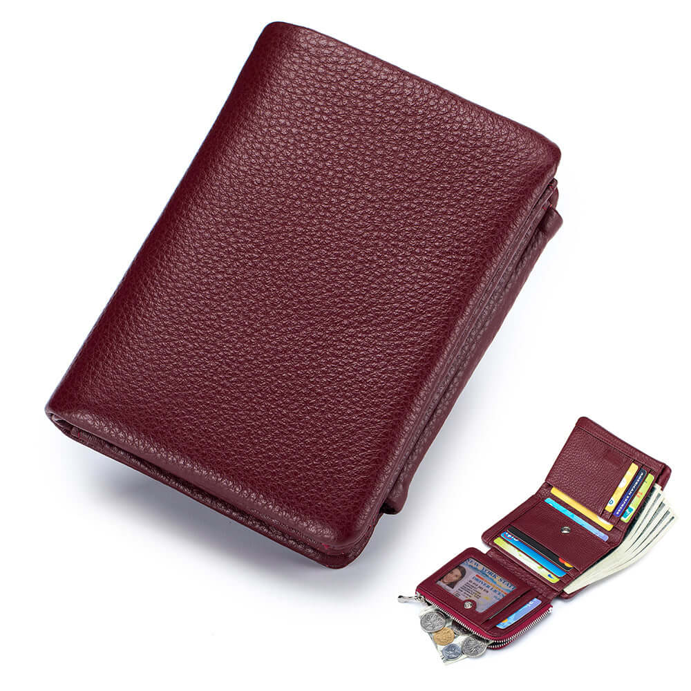 Women's short leather trifold wallet - front view