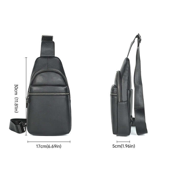 Stylish and functional sleek leather chest bag for men in black.