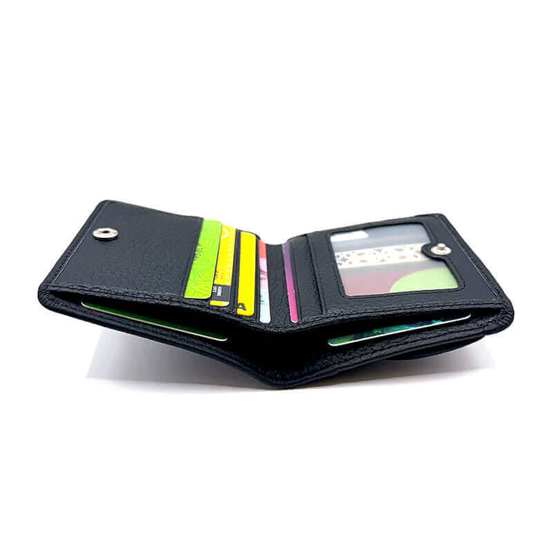 Slim foldable leather wallet with RFID protection for women, designed with multiple card slots and photo ID.