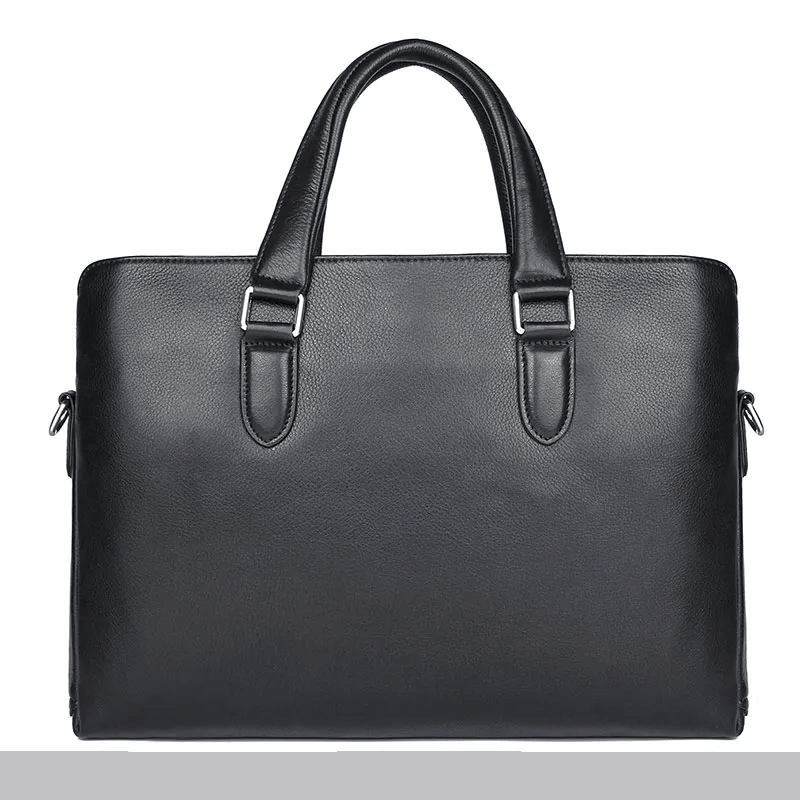 Front view of the slim leather laptop bag crafted from genuine leather.