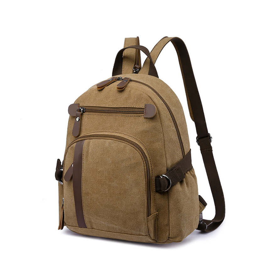 Small canvas backpack front view in coffee, compact and unisex