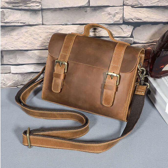 Compact Crazy Horse leather messenger bag ideal for daily essentials.