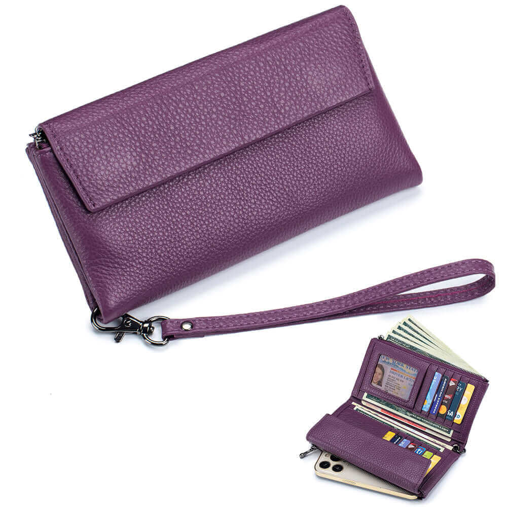 Spacious leather envelope wallet with organized compartments for cash and cards.