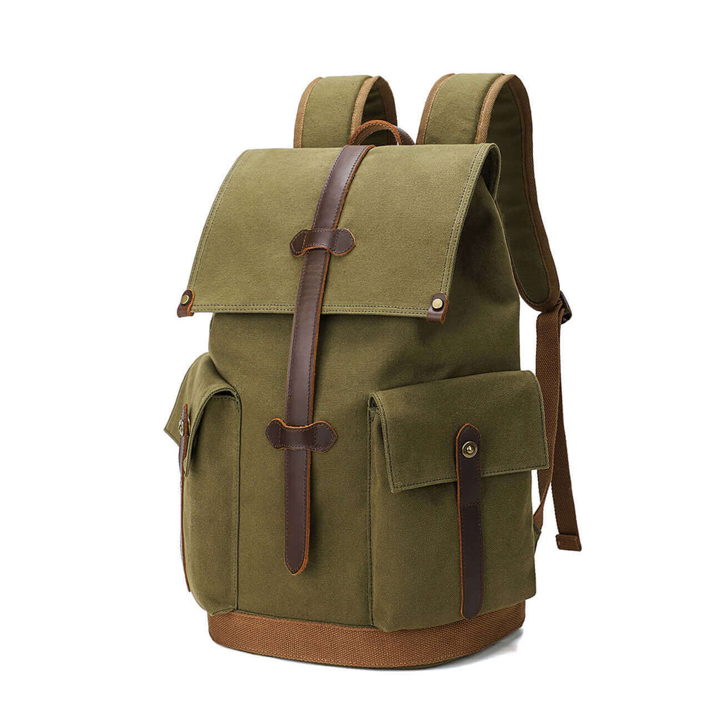 Stylish green canvas backpack for men, featuring leather accents and a sturdy build.