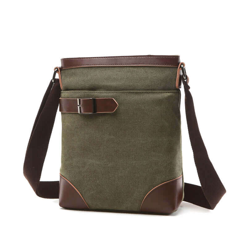 Stylish men's canvas crossbody bag featuring leather buckle detail.