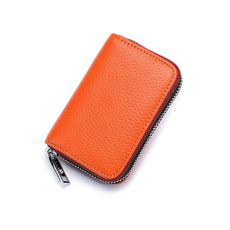 Stylish RFID leather card holder in blue, featuring colorful woven edges and multiple storage options.