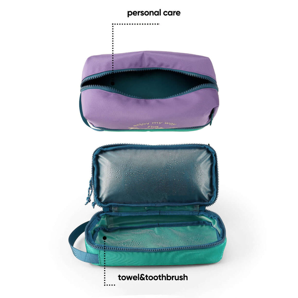 Open travel toiletry bag showing wet and dry compartments.