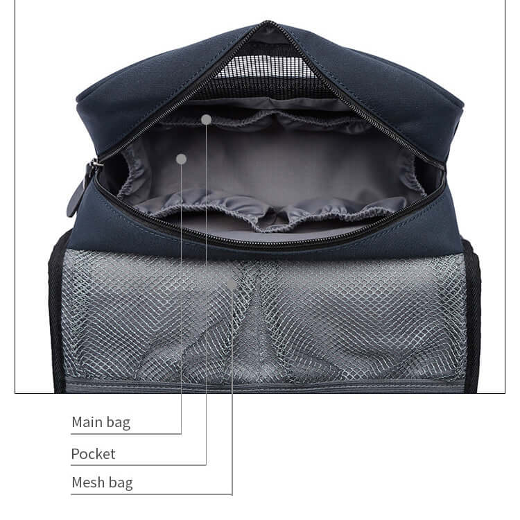 Inside compartments of waterproof toiletry bag with mesh pockets