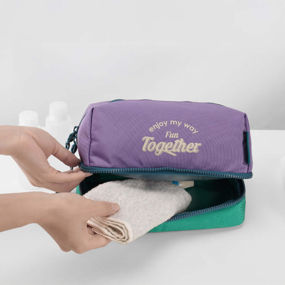 Double-layer structure of the travel toiletry bag for organized storage.

