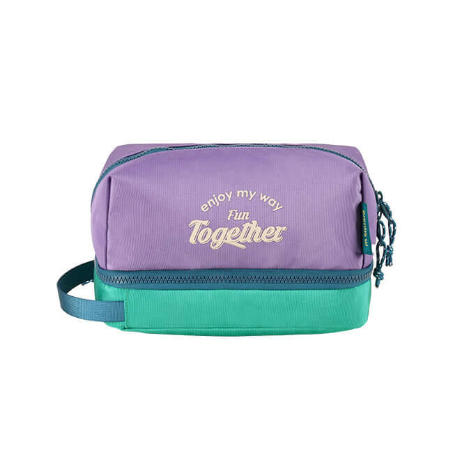 Front view of compact travel toiletry bag with wet and dry separation.