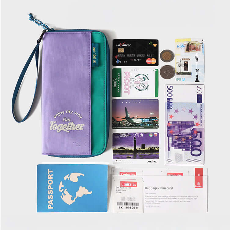 Travel wallet designed to hold boarding passes, cards, and documents.