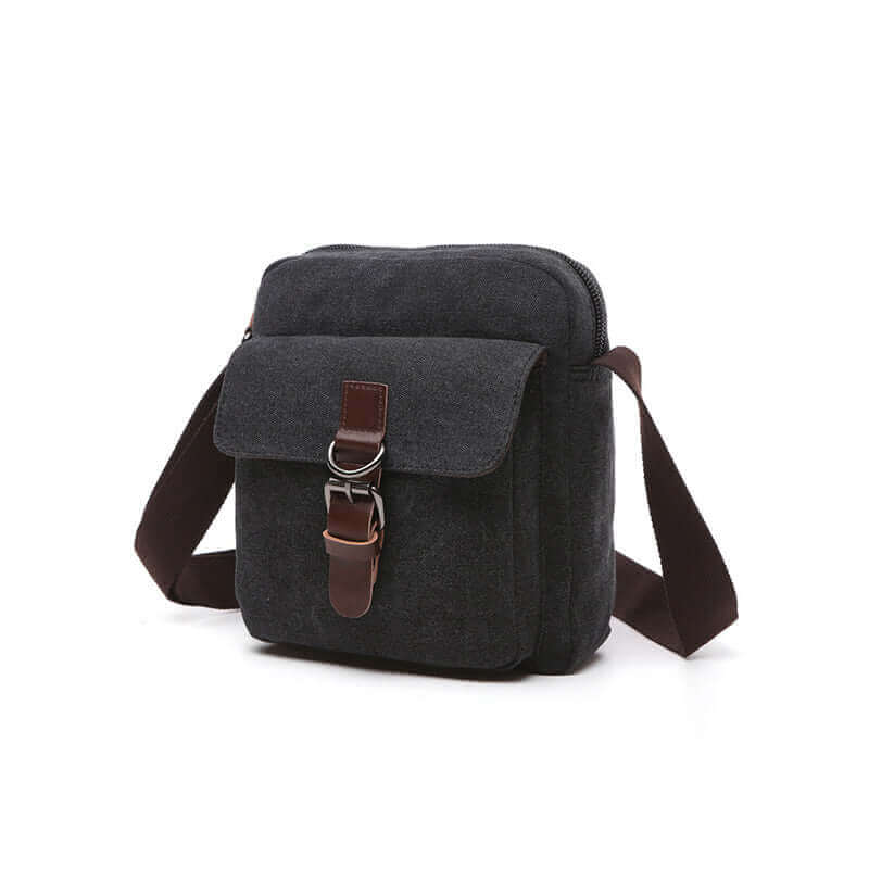 Unisex canvas crossbody bag with flap closure.