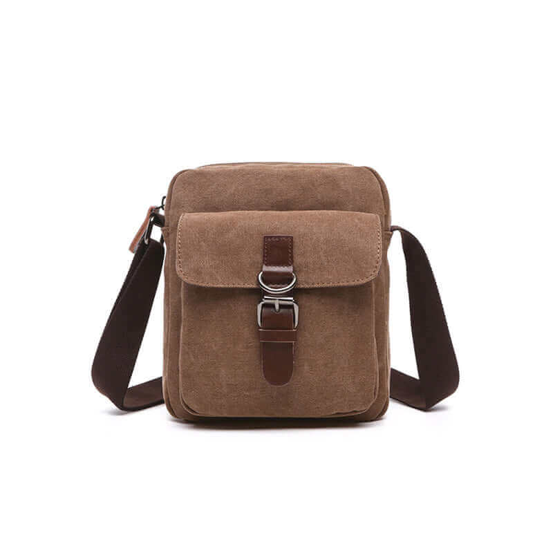 Unisex canvas shoulder bag with flap closure.