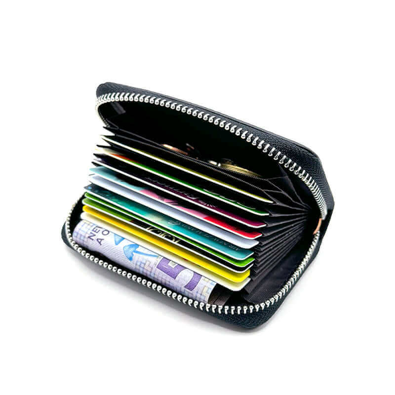 Unisex genuine leather RFID card holder offering 12 card slots and secure storage for daily use.