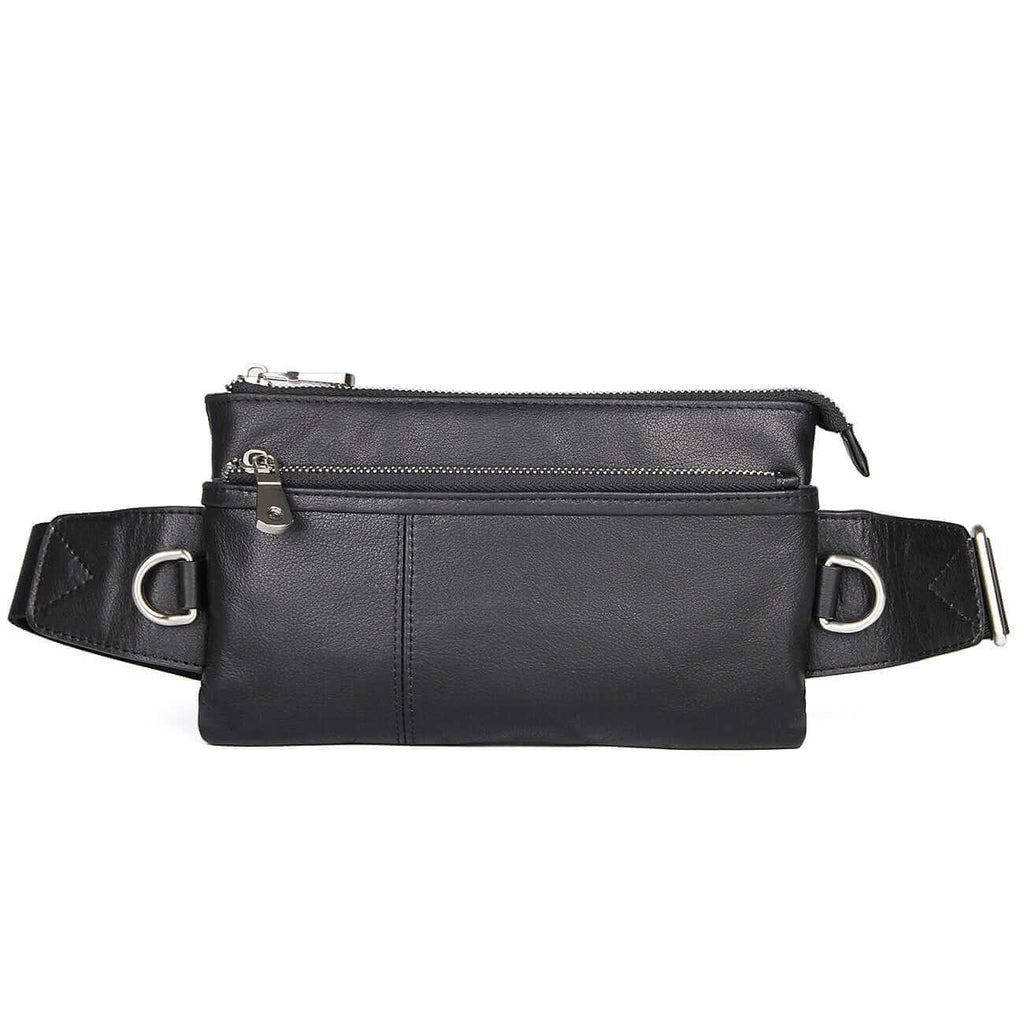 Versatile black leather bum bag for crossbody and shoulder wear.