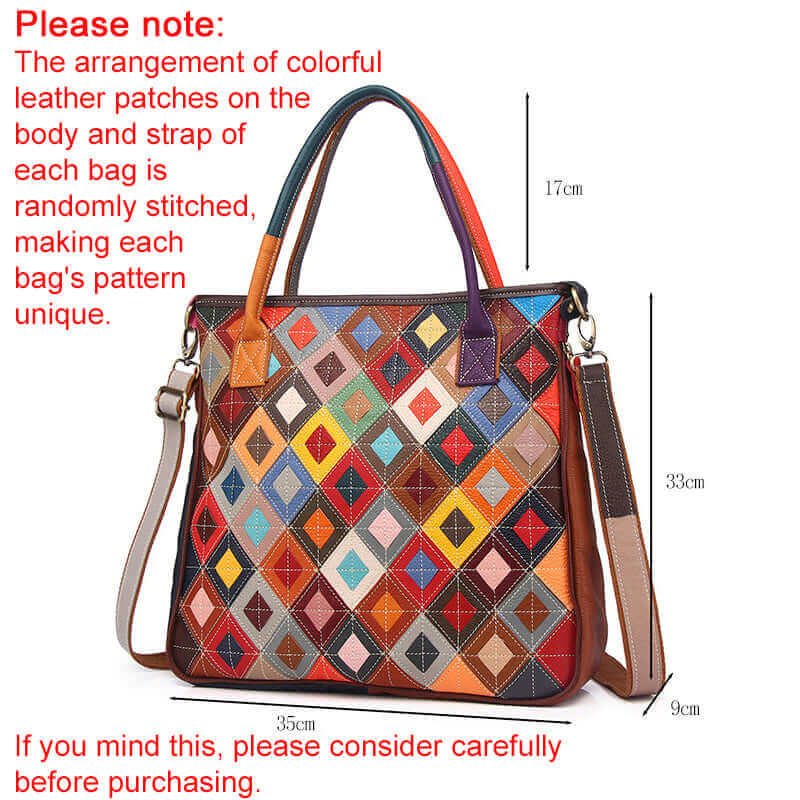 Multiple carrying options for the leather patchwork handbag: shoulder, crossbody, or hand-carried.