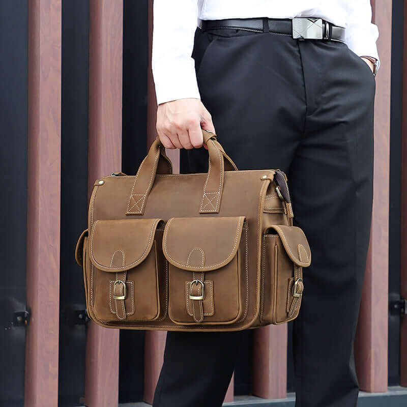 Versatile Crazy Horse leather laptop bag for work and travel.