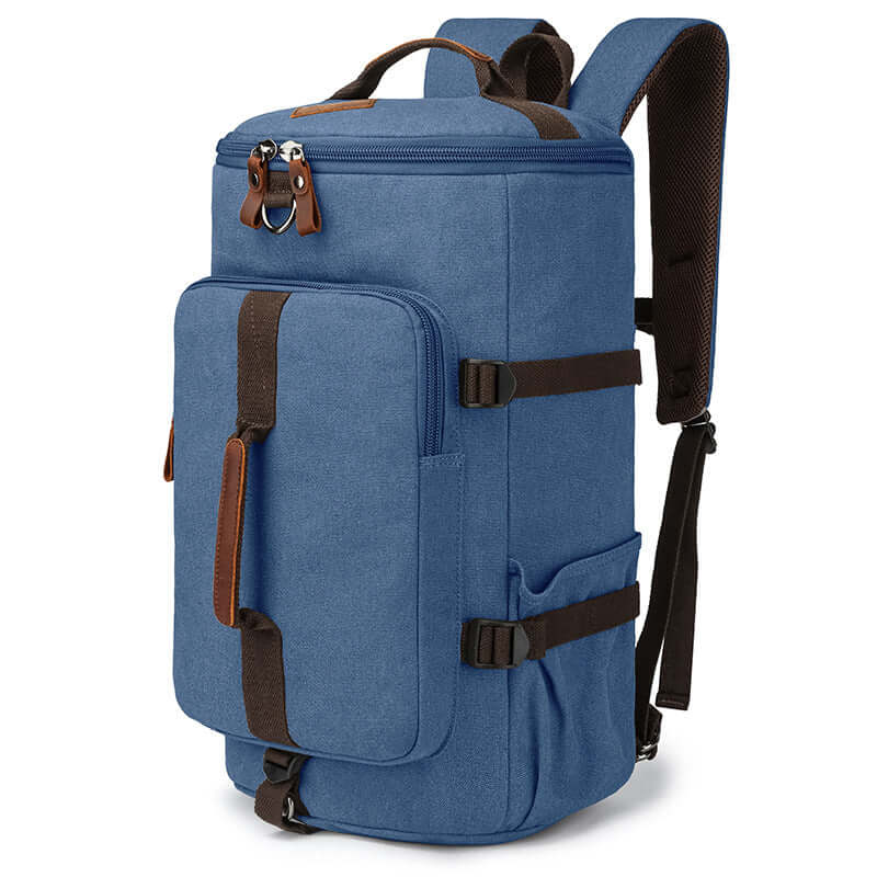 Blue canvas weekend backpack with ample storage