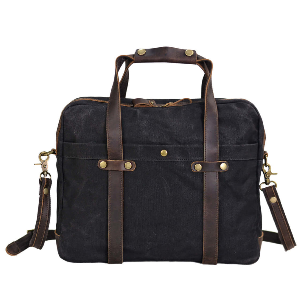 Vintage canvas briefcase in black with leather handles - front view