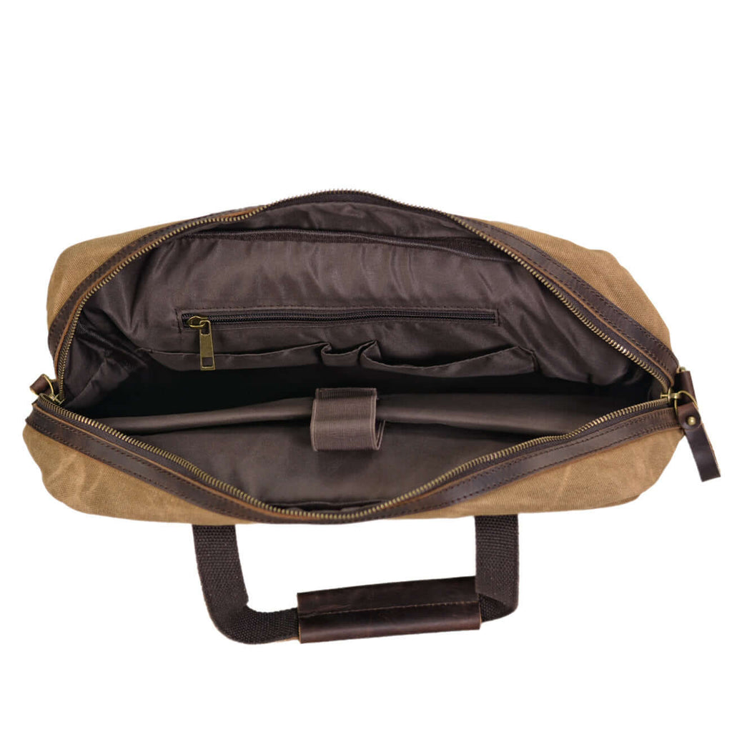 Interior compartments of 15.6” laptop briefcase in khaki canvas