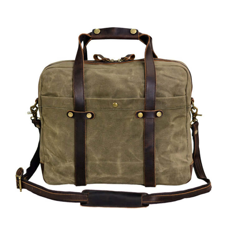 Olive green canvas laptop briefcase with leather straps - unisex