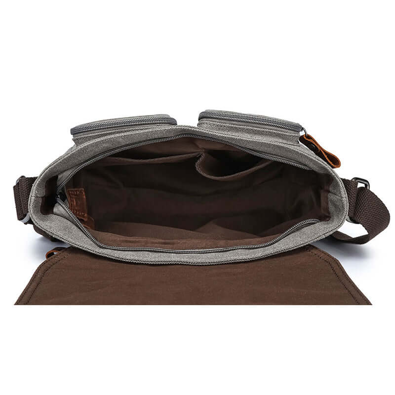 Interior compartments of the flap crossbody bag showing storage capacity.